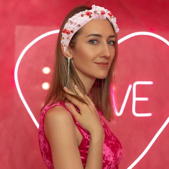 Light Pink Pearl Rhinestone Knotted Headband for Women Valentine’s Day Gift - Picture 8 of 8